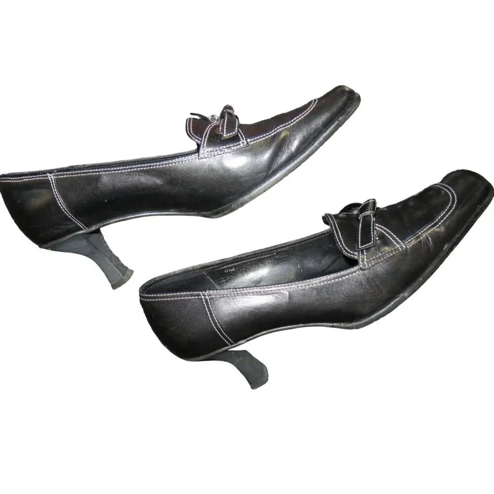 Vaneli Gelise Black Italian Calf Leather Square Toe Bow Embellished Loafer sz 8